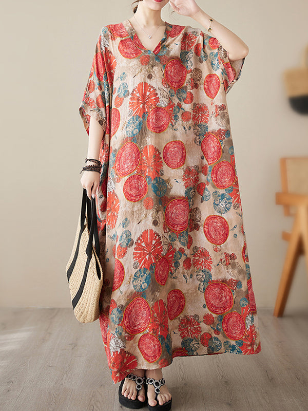 Robe longue ample imprimée à manches courtes, à col en V