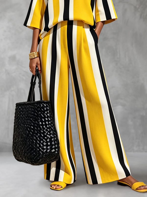 Pantalon rayé ample à poches, à taille élastique, à jambes larges, couleur contrastée
