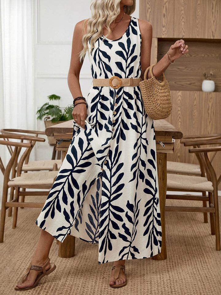 Robe longue boutonnée taille haute, sans manches, à boucle de ceinture, à imprimé feuilles, à col en V, couleur contrastée