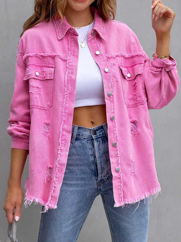Veste ample à manches longues, à franges, à poches, à col revers