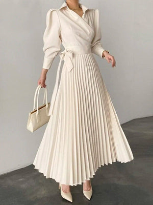Robe chemise asymétrique plissée à col revers, couleur unie