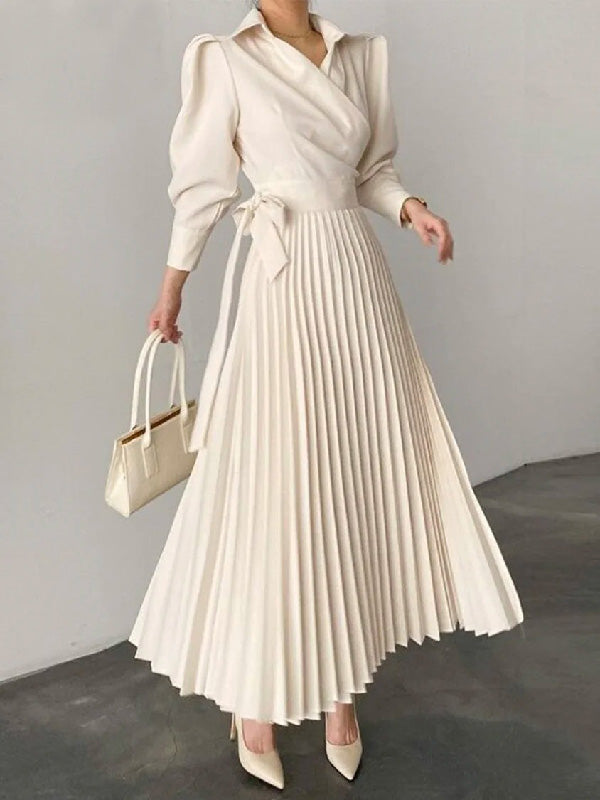 Robe chemise asymétrique plissée à col revers, couleur unie