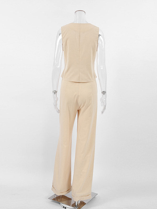 Ensemble deux pièces ample plissé taille haute, à empiècements, à col en V, couleur unie