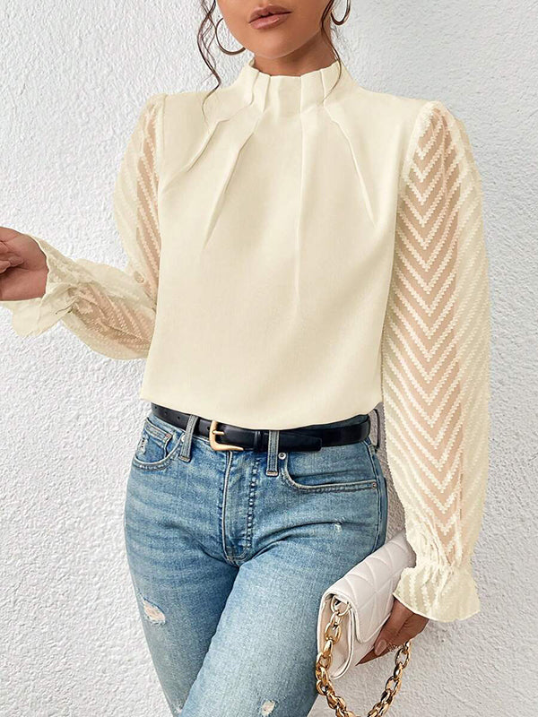 Chemisier ample plissé à manches longues, à taille élastique, en résille, à col cheminée, couleur unie