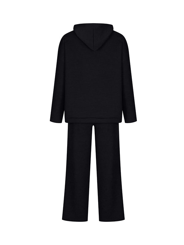 Ensemble deux pièces ample à col rond, à capuche, à manches longues, à cordon de serrage, couleur unie – pull + haut + pantalon