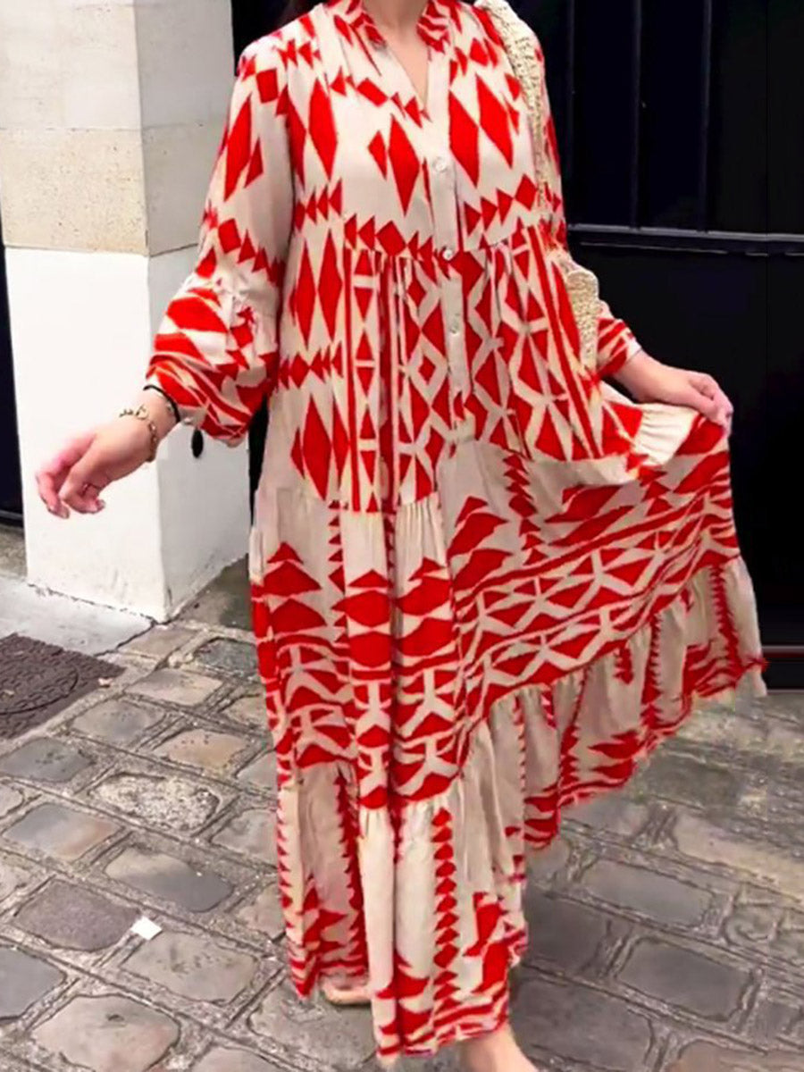 Robe chemise boutonnée plissée imprimée coupe trapèze, à manches longues, à empiècements, à col montant, couleur contrastée