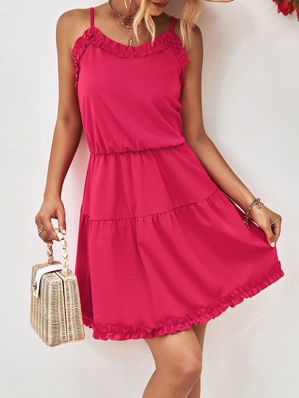Robe courte ample sans manches, à falbalas, à fines bretelles, couleur unie