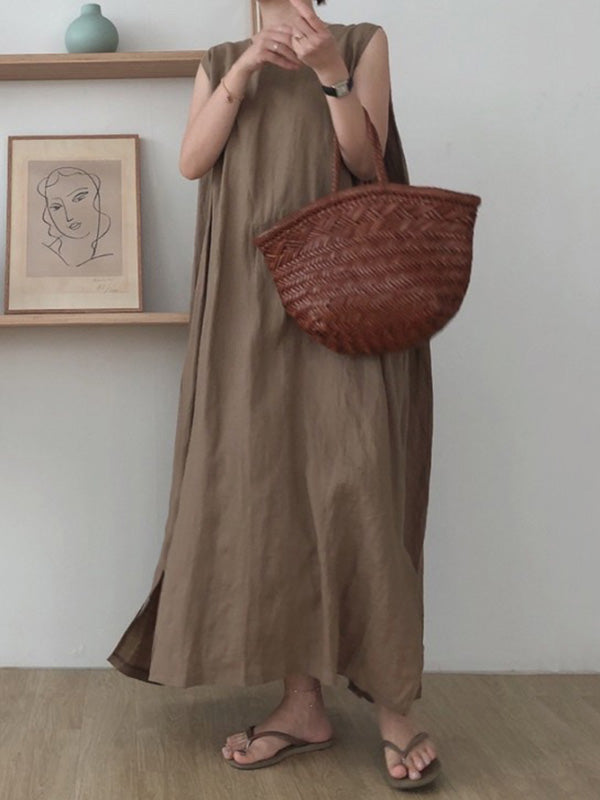Robe mi-longue décontractée simple fendue sur le côté à col rond, sans manches, couleur unie