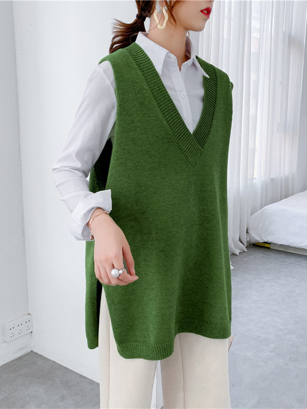 Gilet tricoté sans manches à la mode, fendu sur le côté, couleur unie, col en V