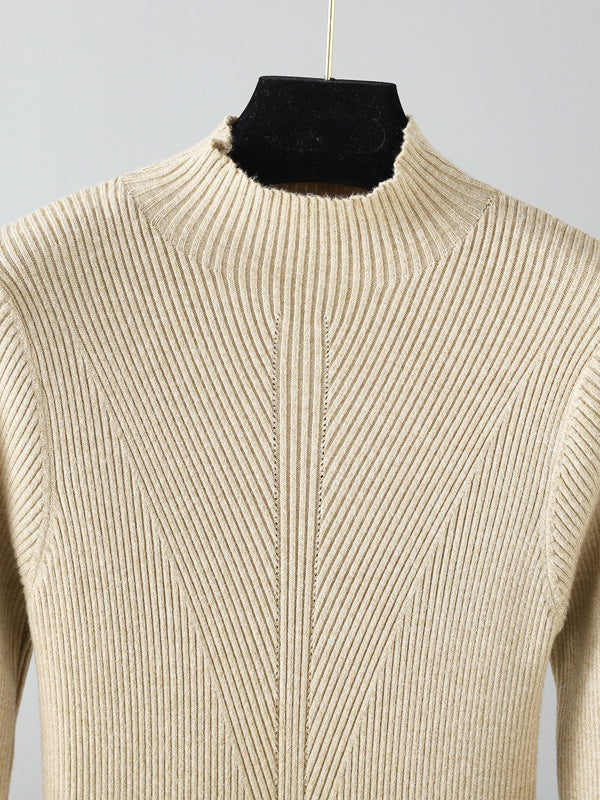 Robes pull élégantes à manches longues, taille haute plissée, couleur unie, demi-col roulé