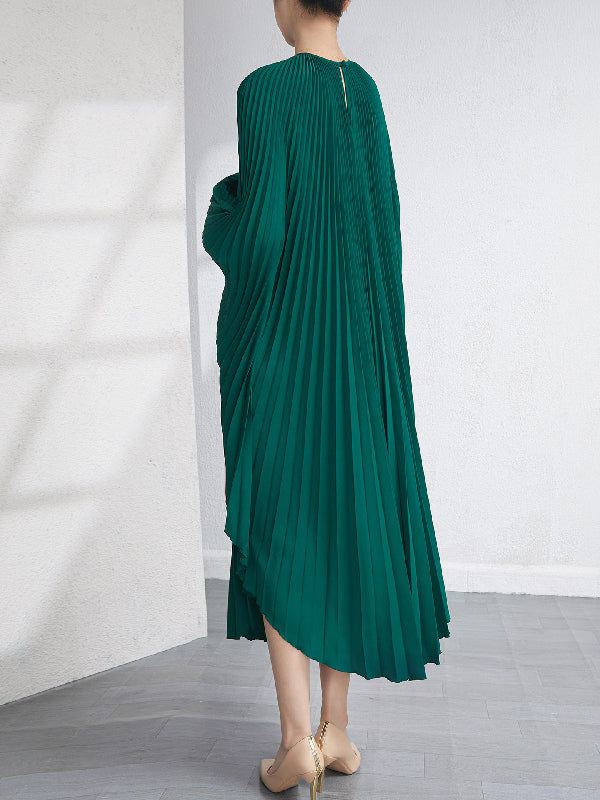 Robe longue ample plissée à manches chauve-souris, couleur unie