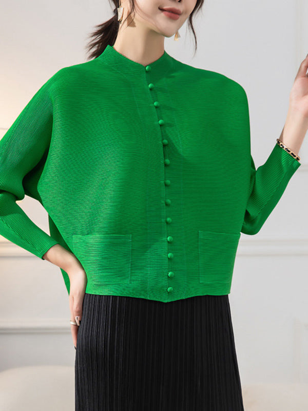 Veste ample boutonnée plissée à manches longues, à poches, à col rond, couleur unie