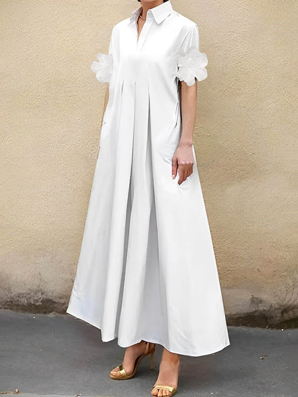 Robe chemise ample plissée coupe trapèze, à empiècements, à col revers, couleur unie