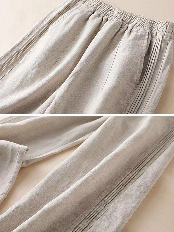 Pantalon ample décontracté à jambes larges en coton ramie à volants