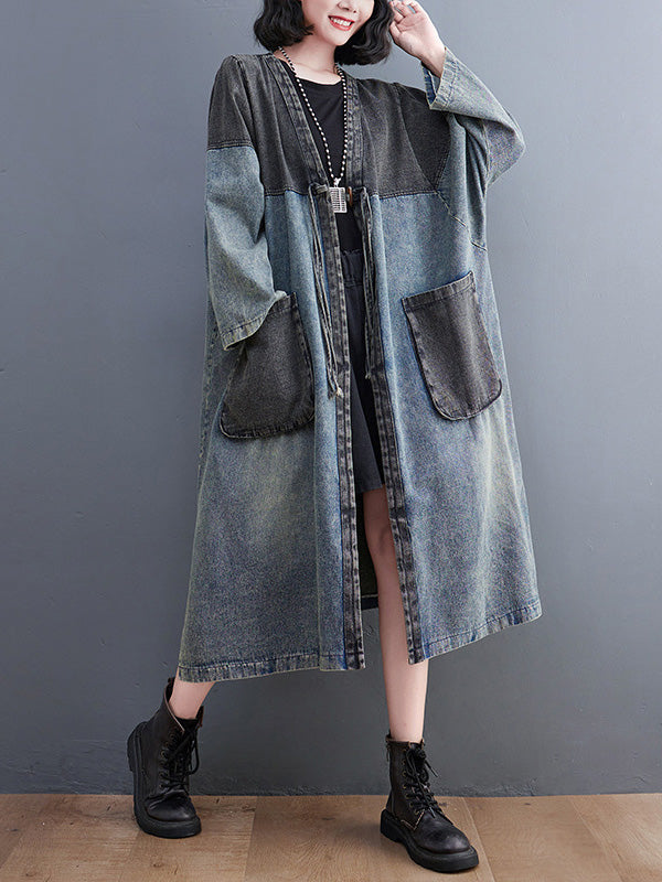 Artistique Rétro Denim Manches Longues Lâche Attaché à empiècements Trench Manteaux