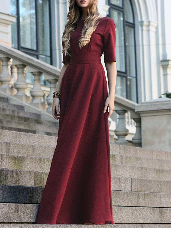 Robe longue à manches mi-longues, taille haute, à taille nouée, à col en V, couleur unie