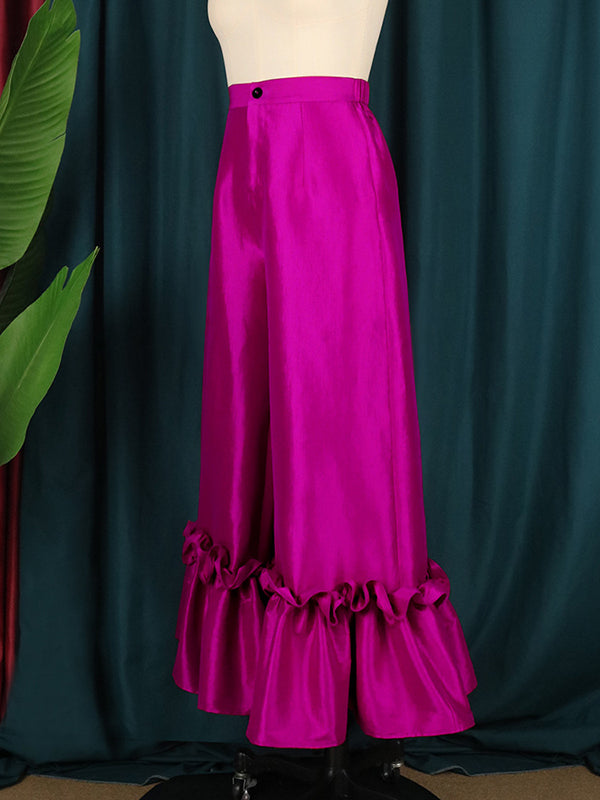 Pantalon évasé ample boutonné Volants taille haute de couleur unie