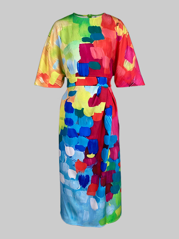 Robe mi-longue ample asymétrique à empiècements, à taille nouée, à col rond