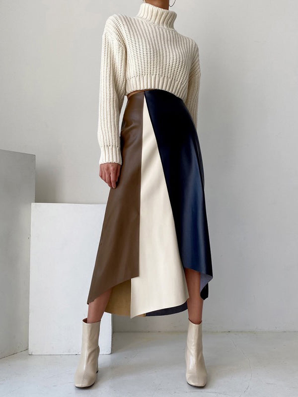 Jupe asymétrique fendue devant coupe trapèze, taille haute, couleur contrastée