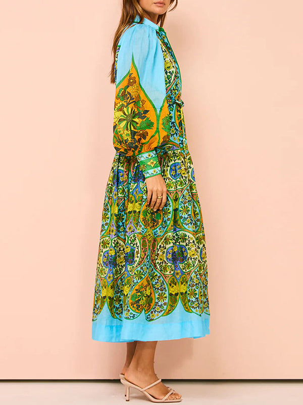 Robe mi-longue ample taille haute, à manches bouffantes, avec ceinture, à imprimé floral, à col revers