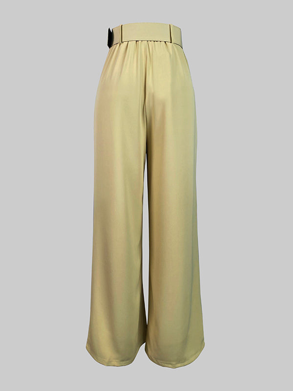 Pantalon ample plissé décontracté à jambes larges, avec ceinture, couleur unie