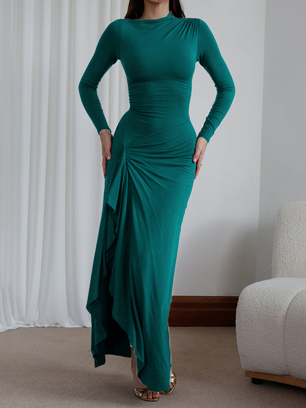 Robe longue moulante asymétrique plissée volantée taille haute, à empiècements, à col rond, couleur unie