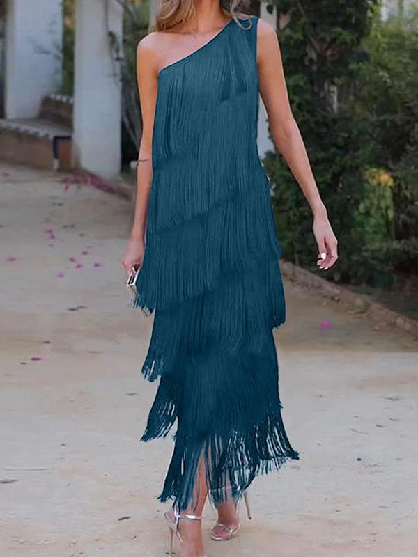 Robe longue ample asymétrique sans manches, à empiècements, à pompons, asymétrique à une épaule, couleur unie