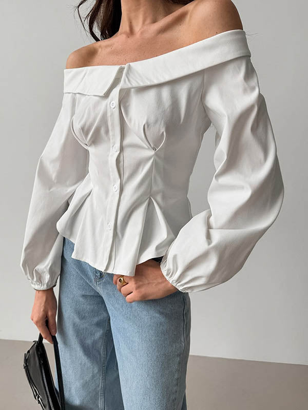 Chemisier ample boutonné à manches longues, à taille élastique, à poches, à épaules dénudées, couleur unie