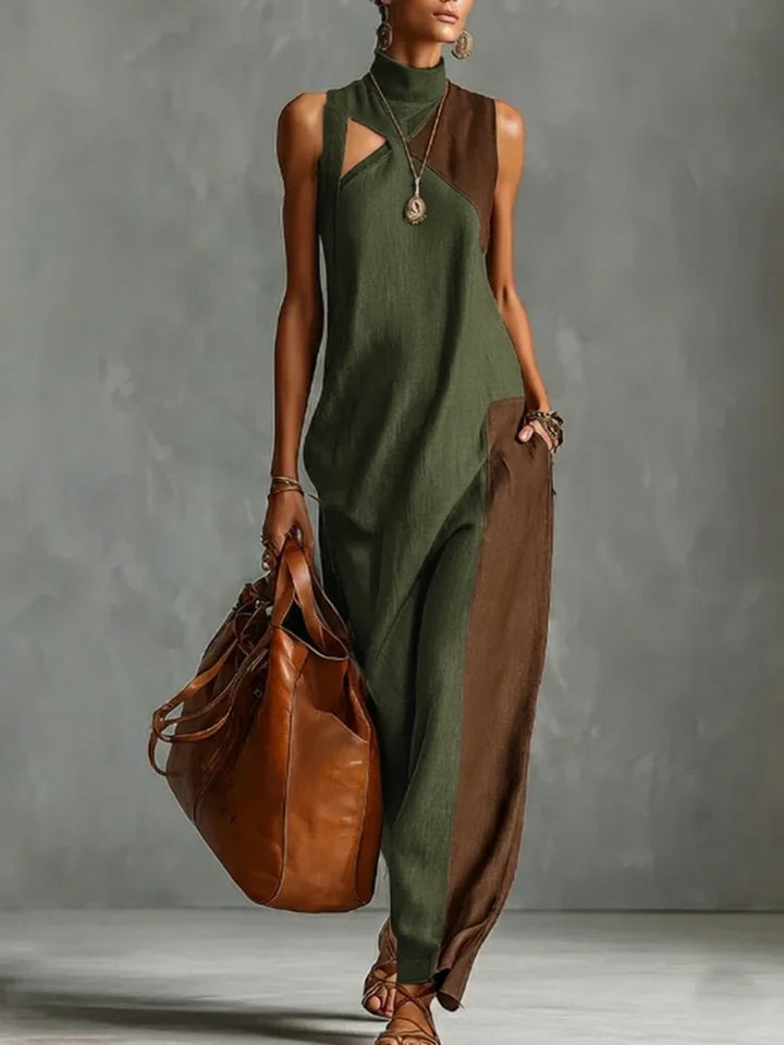 Robe longue ample asymétrique sans manches, à poches, à empiècements, à col cheminée, couleur contrastée