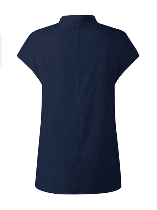 Chemise à col montant, à mancherons, couleur unie