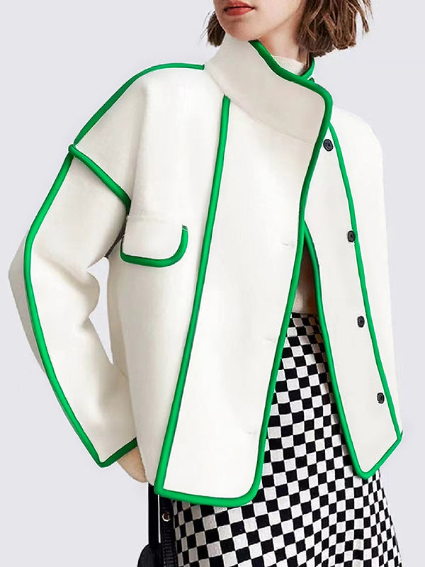 Manteau en laine ample boutonné à manches longues, à poches, à empiècements, à col montant, couleur contrastée