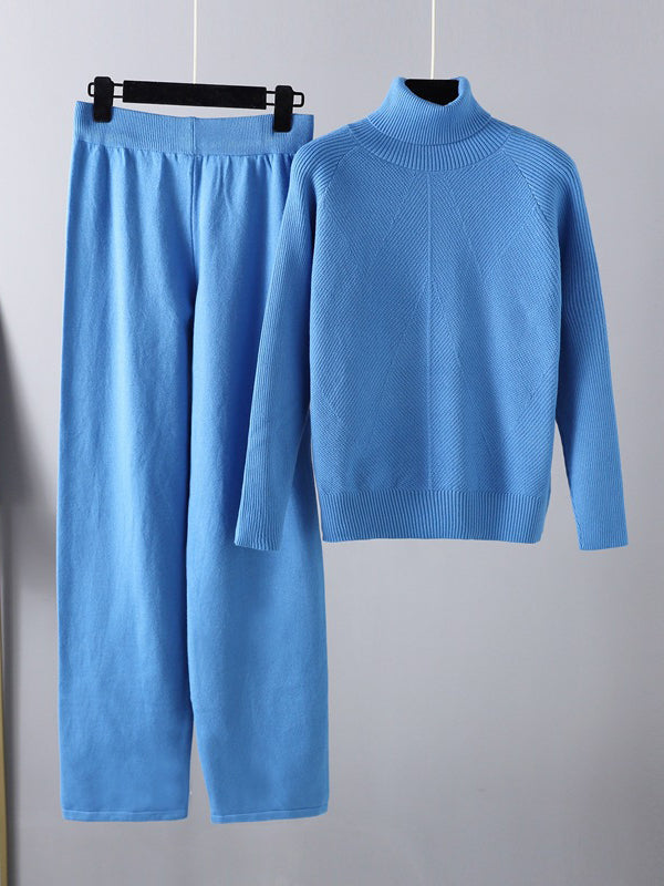 Pull urbain à manches longues, ample, uni, demi-col roulé, hauts & pantalons à jambes larges, ensemble deux pièces