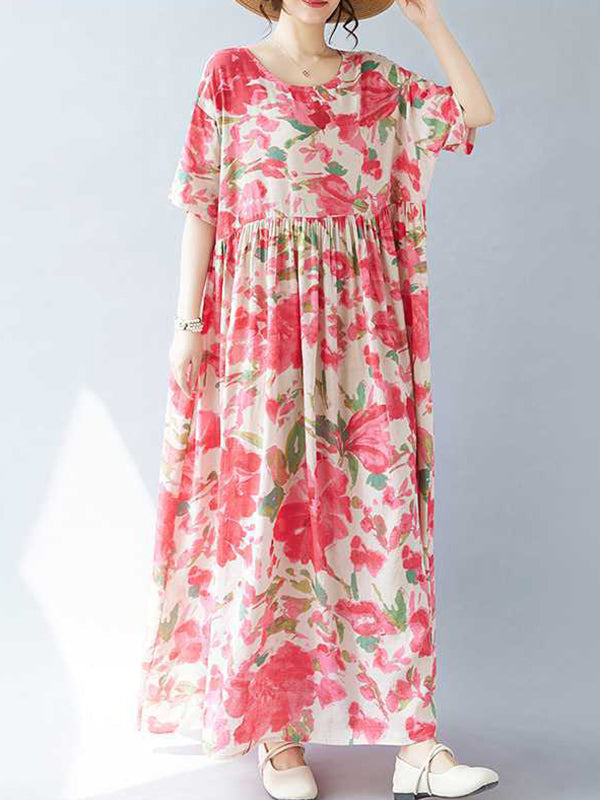 Robe mi-longue plissée coupe trapèze, à manches chauve-souris, à imprimé floral, à empiècements, à col rond