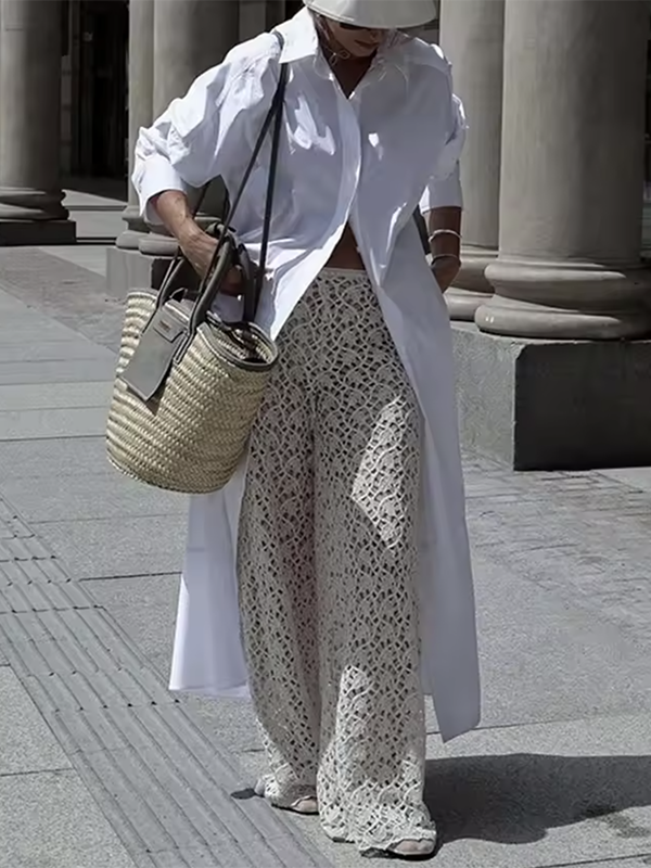 Robe chemise à manches longues, à empiècements, à col revers, couleur unie