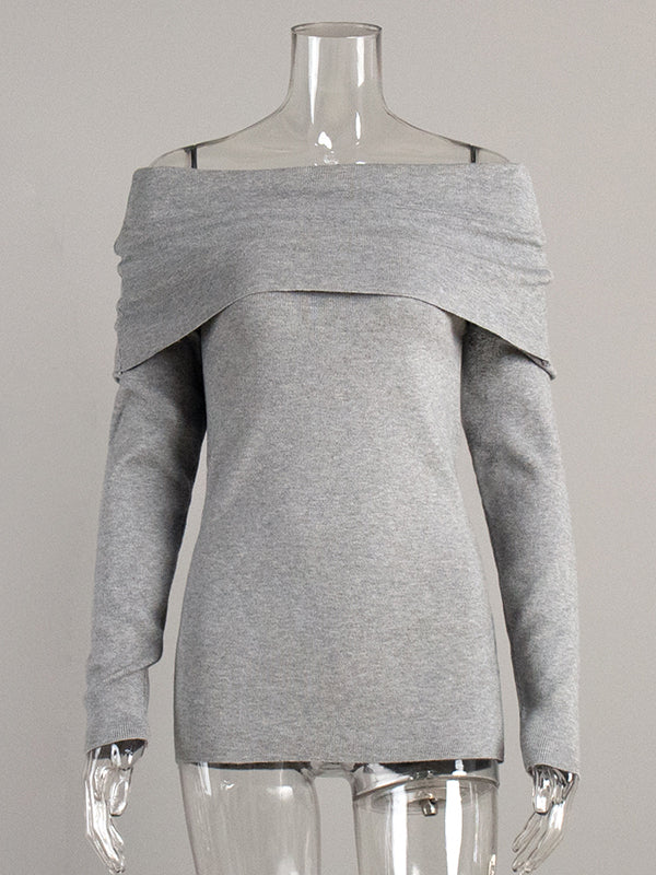 Pull ample à manches longues, à épaules dénudées, couleur unie