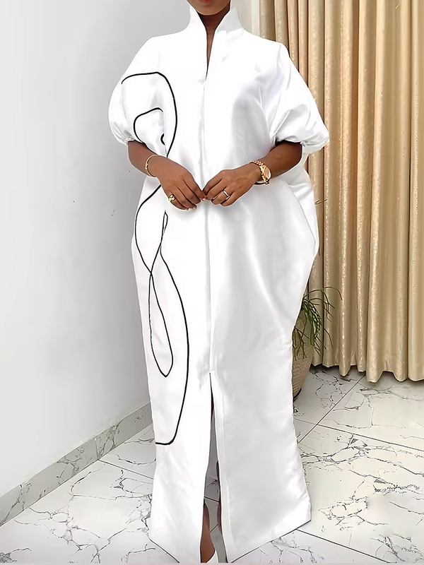 Robe longue ample imprimée fendue devant à manches mi-longues, à taille élastique, à col montant