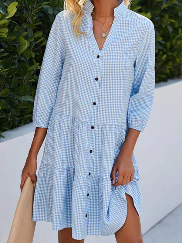 Robe chemise ample boutonnée coupe trapèze, à carreaux, à empiècements, à col montant