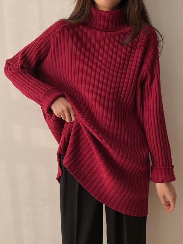 Pull décontracté ample fendu sur le côté à manches longues, à col haut, couleur unie