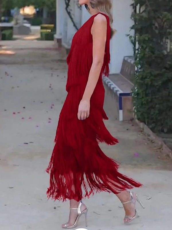 Robe longue ample asymétrique sans manches, à empiècements, à pompons, asymétrique à une épaule, couleur unie
