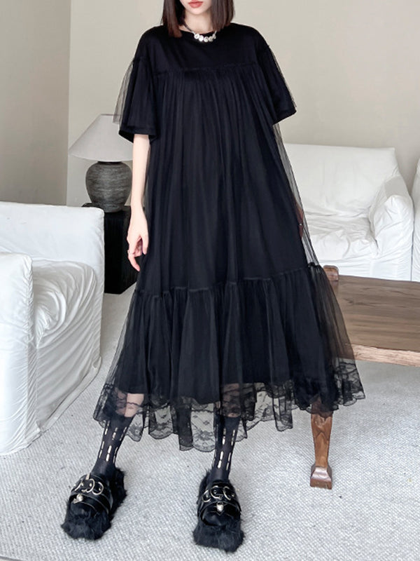 Fausses robes mi-longues en gaze ample plissées en deux pièces, couleur unie, à empiècements, à plusieurs niveaux, col rond