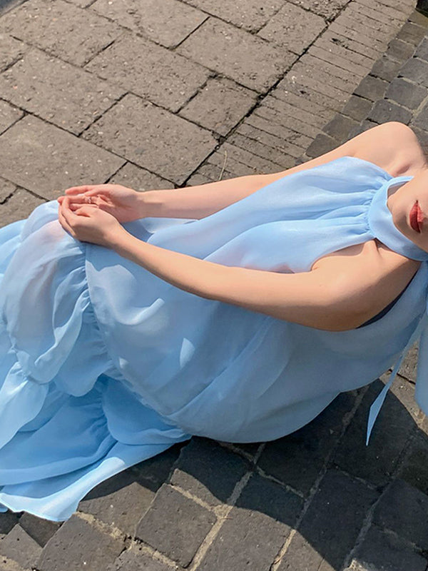 Robe mi-longue ample sans manches, à col licou, couleur unie