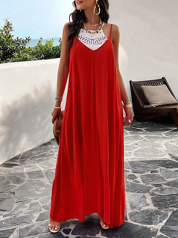 Robe longue ample plissée sans manches, à empiècements, à fines bretelles, couleur unie