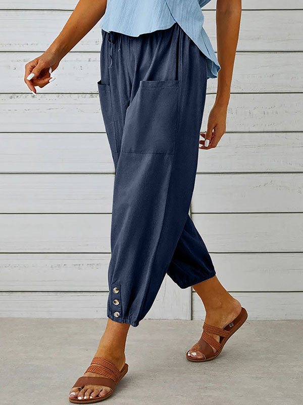 Pantalon ample boutonné taille haute, à cordon de serrage, à taille élastique, à poches, à empiècements