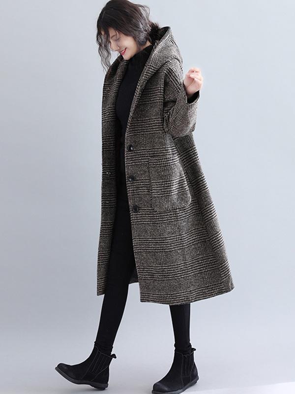 Manteau ample à capuche en laine à carreaux