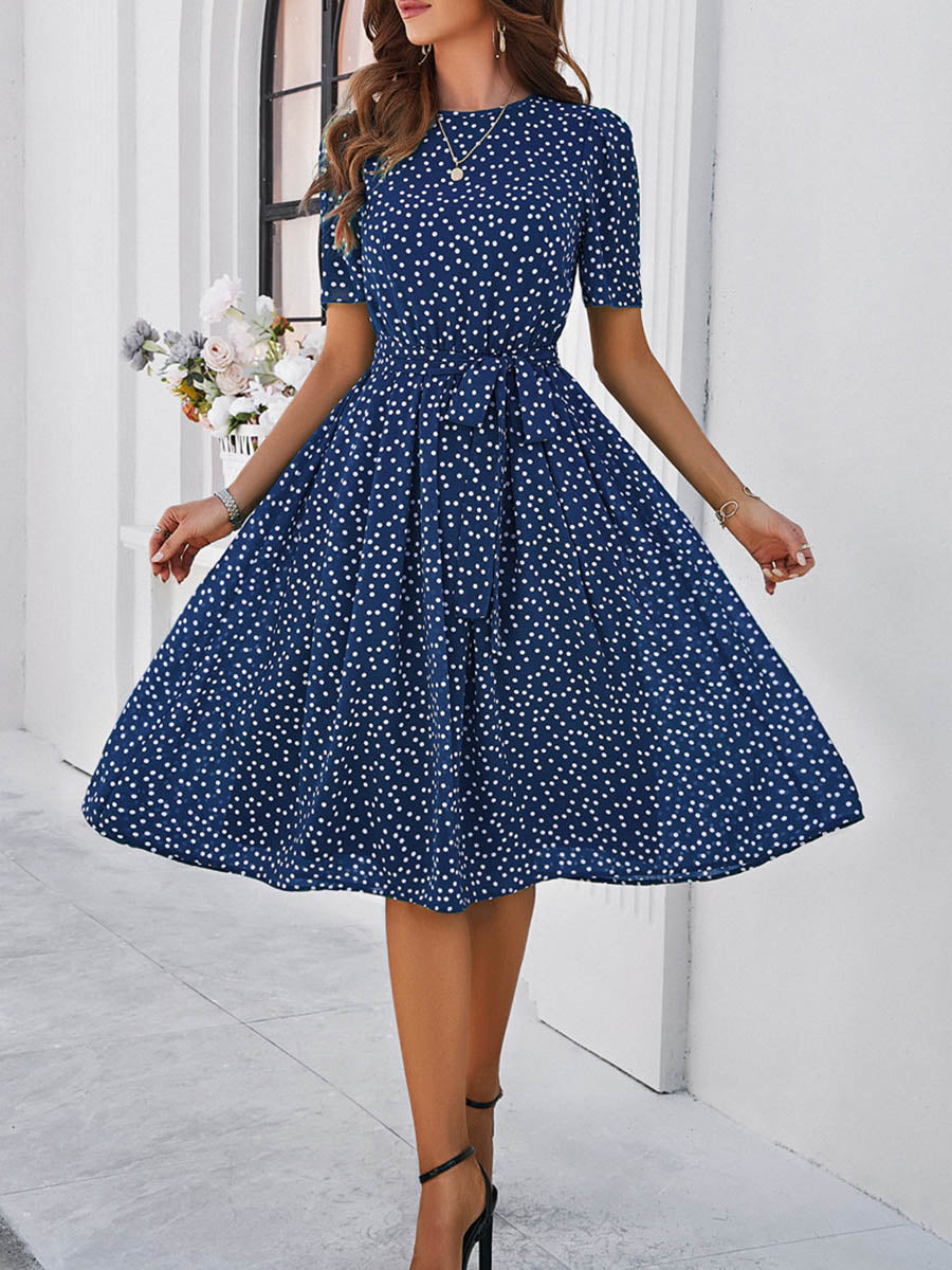 Robe mi-longue coupe trapèze, à taille élastique, à pois, à empiècements, à taille nouée, à col rond, couleur contrastée
