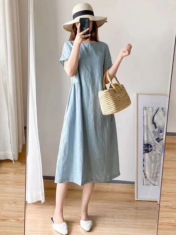 Robe mi-longue décontractée ample à col rond, couleur unie