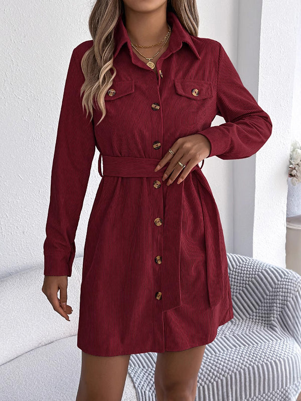 Robe chemise boutonnée à taille élastique, à manches longues, avec ceinture, à boutonnage simple, à col revers, couleur unie