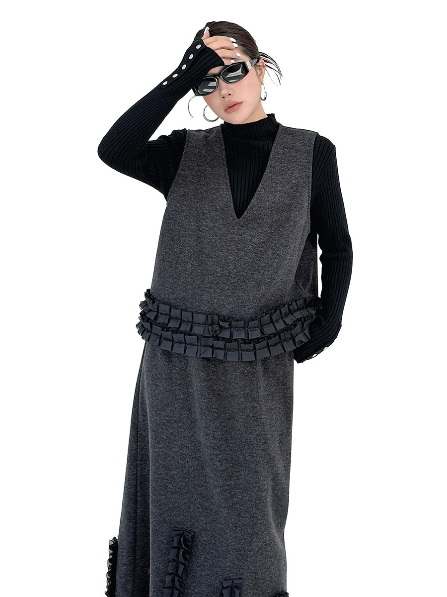 Ensemble deux pièces volanté plissé à empiècements, à col en V, à taille élastique, taille haute, couleur contrastée – débardeur + jupe