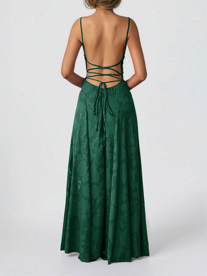 Robe longue plissée coupe trapèze, taille haute, en jacquard, à fines bretelles, couleur unie