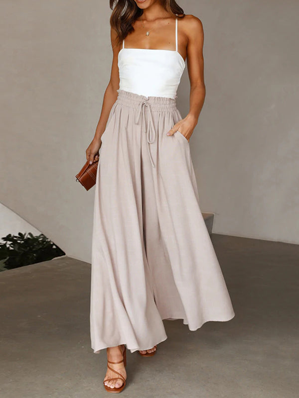 Pantalon ample plissé taille haute, à cordon de serrage, à taille élastique, à poches, couleur unie